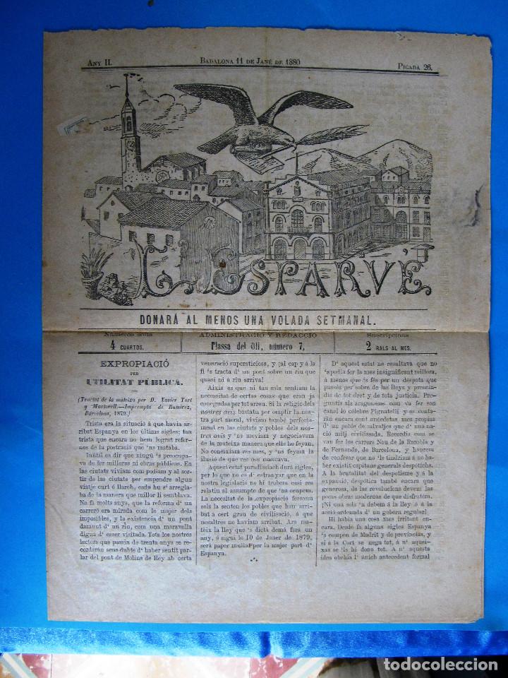Collectionnisme de Revues et Journaux: SEMANARIO L'ESPARVER. DONAR&Aacute; AL MENOS UNA VOLADA SETMANAL. ANY II. BADALONA, 11 DE JAN&Eacute;, 1880.