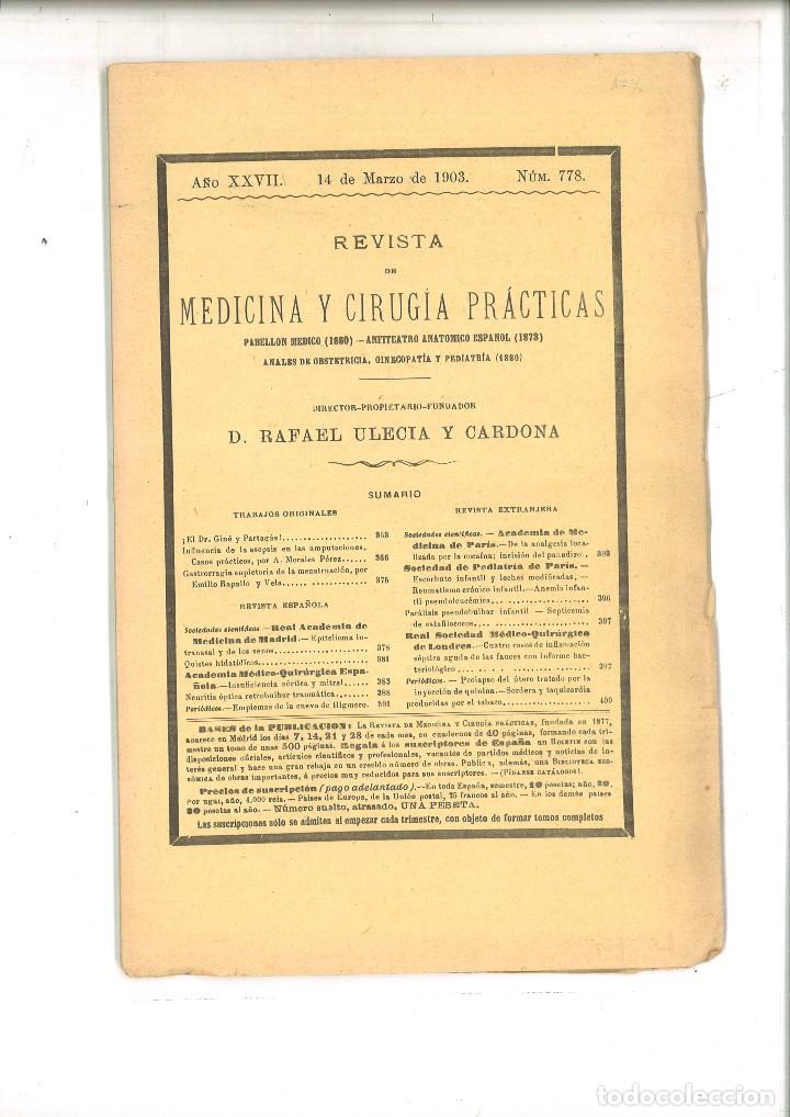 Sammeln von Zeitschriften und Zeitungen: REVISTA DE MEDICINA Y CIRUG&Iacute;A PR&Aacute;CTICAS. A&Ntilde;O XXVII N&Uacute;M. 778 14 de Marzo de 1903. R. Ulecia y Cardona