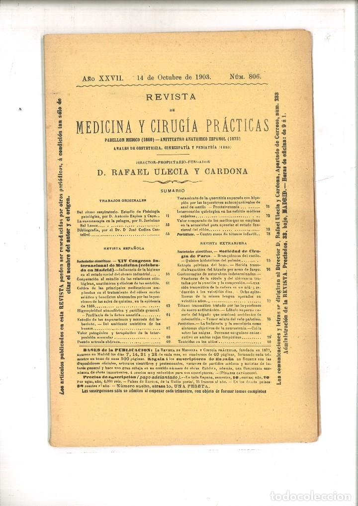 Coleccionismo de Revistas y Peri&oacute;dicos: REVISTA DE MEDICINA Y CIRUG&Iacute;A PR&Aacute;CTICAS. A&Ntilde;O XXVII N&Uacute;M. 806.14 de Octubre de 1903.R.Ulecia y Cardona