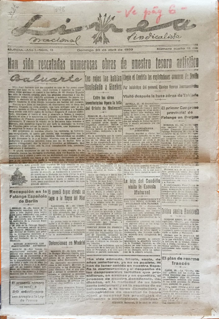 Collection Magazines and Newspapers: MURCIA- PERIODICO LINEA- NACIONAL SINDICALISTA-  POST GUERRA CIVIL   29 -4- 1.939