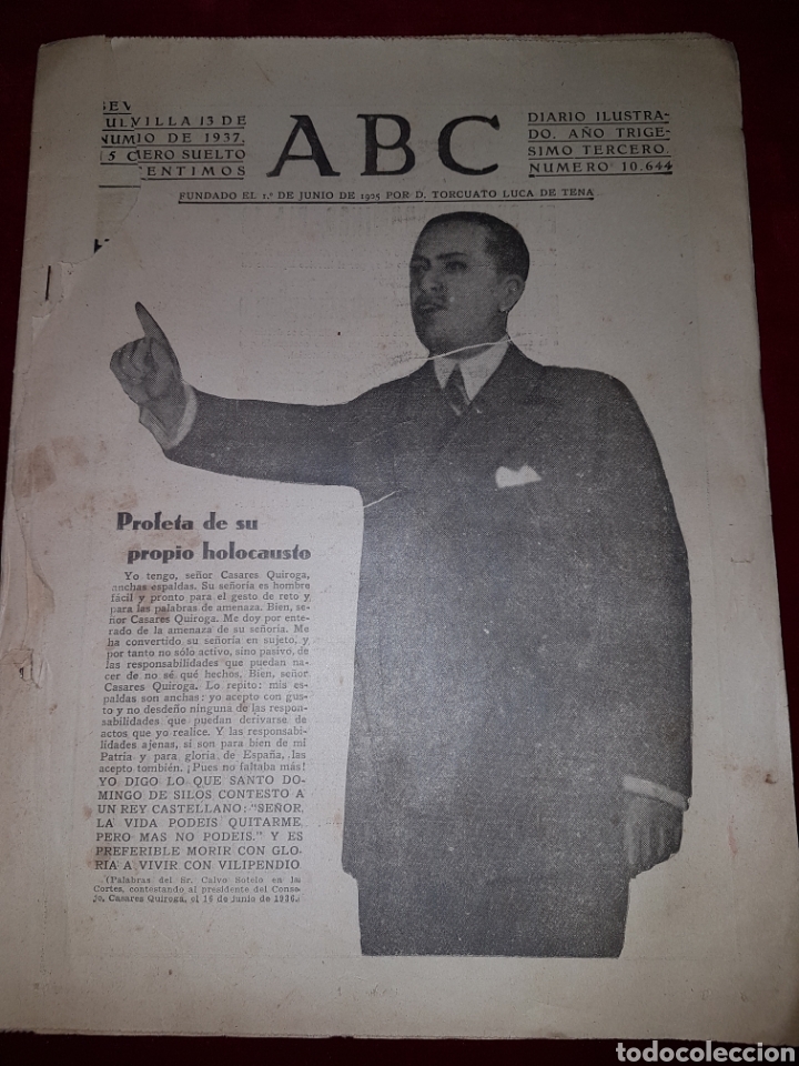 Coleccionismo de Revistas y Peri&oacute;dicos: ABC 13 julio 1937 Calvo sotelo profeta de su propio holocausto guerra civil