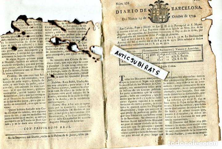 Sammeln von Zeitschriften und Zeitungen: DIARIO DE BARCELONA A&Ntilde;O 1794 QUEMADO PREMIOS DE LA REAL SOCIEDAD DE CIENCIAS DE COPANAGUE DINAMARCA