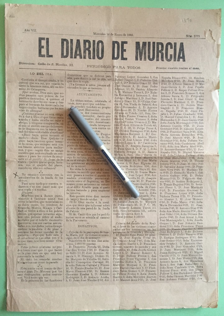 Collection Magazines and Newspapers: MURCIA- EL DIARIO DE MURCIA- 14-1-1885