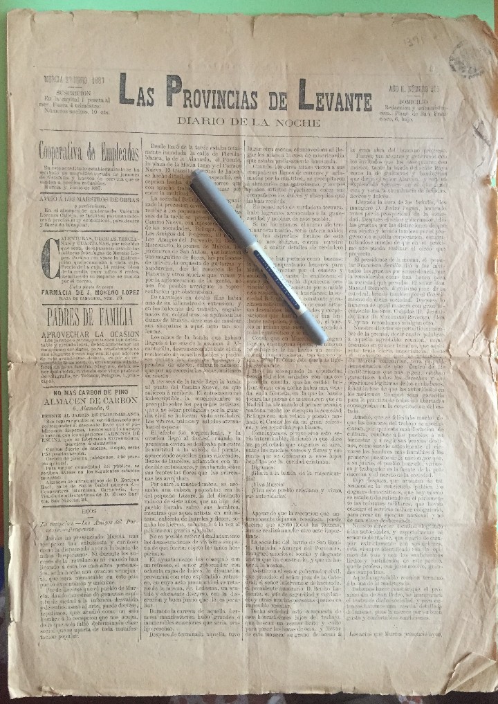 Collection Magazines and Newspapers: MURCIA- LAS PROVINCIAS DE LEVANTE- A&Ntilde;O II N&ordm; 215 27-6-1.887