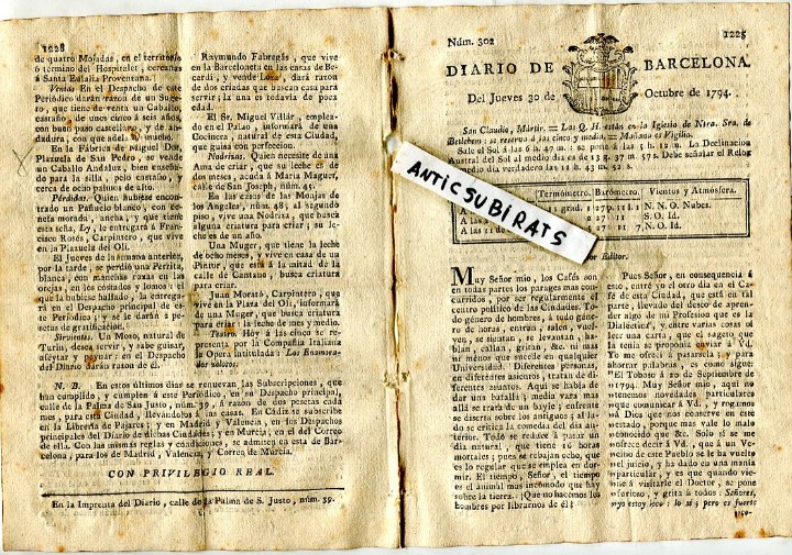 Coleccionismo de revistas y peri&oacute;dicos: DIARIO DE BARCELONA A&Ntilde;O 1794 CABALLO ANDALUZ ANDALUCIA PAJA PARA EL EJERCITO IBIZA EXPORTA SAL