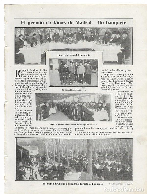Collectionnisme de Revues et Journaux: 1905 HOJA REVISTA GREMIO DE VINOS DE MADRID BANQUETE JARD&Iacute;N DEL CAMPO DEL RECREO