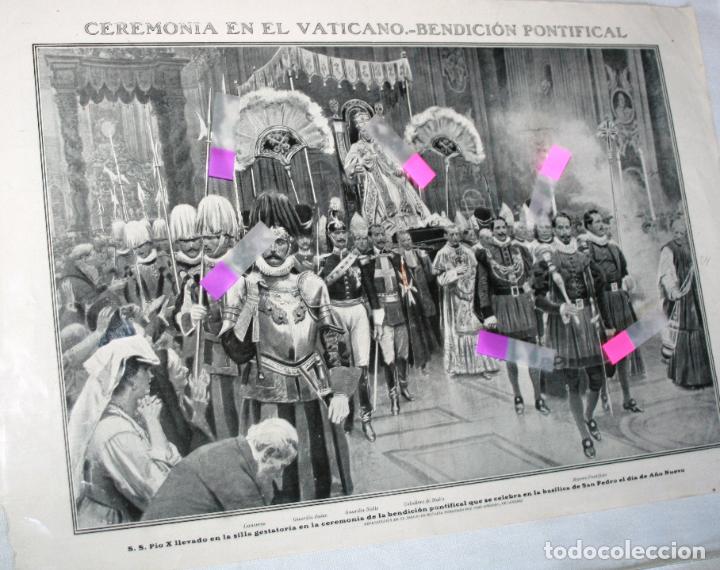 Coleccionismo de revistas y peri&oacute;dicos: DOBLE LAMINA CENTRAL NUEVO MUNDO CEREMONIA EN EL VATICANO.- BENDICION PONTIFICAL DIBUJO DE MATANIA