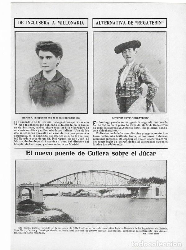 Coleccionismo de Revistas y Peri&oacute;dicos: 1905 HOJA REVISTA ALICANTE NUEVO PUENTE DE CULLERA SOBRE JUCAR - TOROS ALTERNATIVA REGATER&Iacute;N BOTO