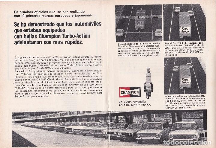 Coleccionismo de Revistas y Peri&oacute;dicos: PUBLICIDAD 1970. ANUNCIO BUJIAS CHAMPION. DEMOSTRACIONES EN PISTA CON FIAT 124 (2 HOJAS)