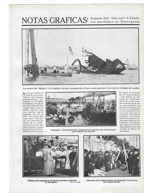 Collezionismo di Riviste e Giornali: 1910 HOJA REVISTA RESTOS DEL MAINE - TARRAGONA CONCURSO NATACI&Oacute;N FESTIVAL MAR&Iacute;TIMO PUERTO MONUMENTO