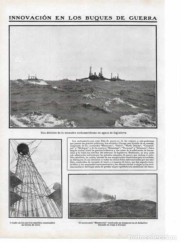 Collezionismo di Riviste e Giornali: 1910 HOJA REVISTA BUQUES DE GUERRA ESCUADRA NORTEAMERICANA ACORAZADO MINESSOTA M&Aacute;STIL FORMA DE TORRE