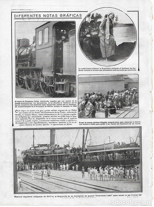Coleccionismo de revistas y peri&oacute;dicos: 1912 HOJA REVISTA MELILLA PUERTO EMBARQUE FUERZAS REGULARES A C&Aacute;DIZ - DUQUE DE ZARAGOZA LOCOMOTORA