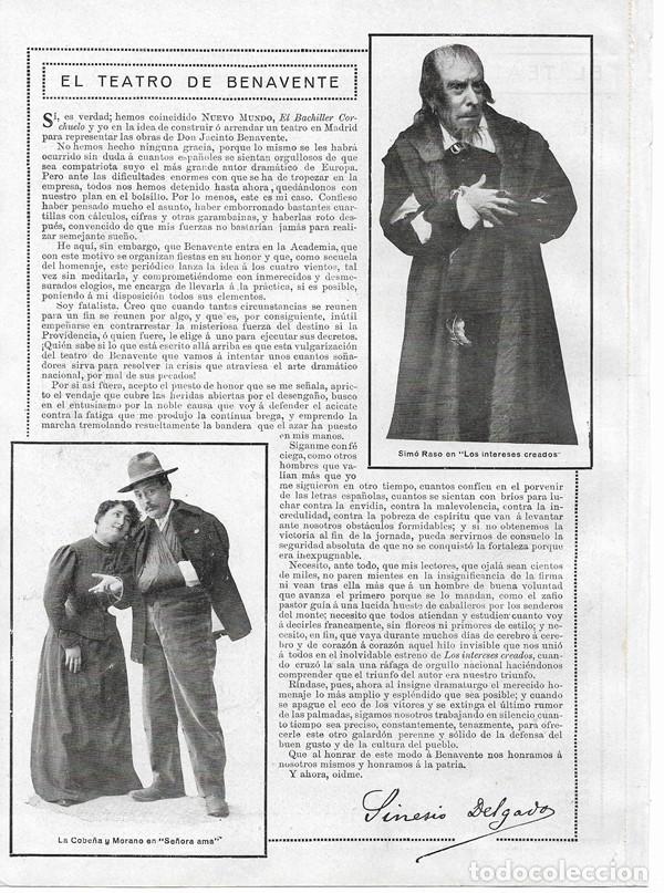 Coleccionismo de Revistas y Peri&oacute;dicos: 1912 HOJA REVISTA TEATRO JACINTO BENAVENTE ART&Iacute;CULO DE SINESIO DELGADO ACTORES LA COBE&Ntilde;A MORANO SIM&Oacute;