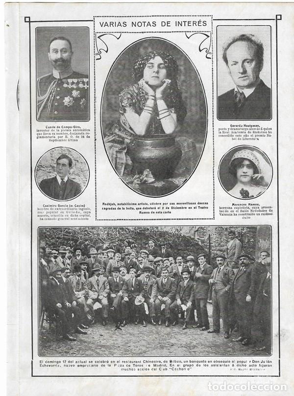 Collectionnisme de Revues et Journaux: 1912 HOJA REVISTA BILBAO BANQUETE JULI&Aacute;N ECHEVARRIA CLUB COCHERITO CHINOSTRA - CONDE DE CAMPO-GIRO
