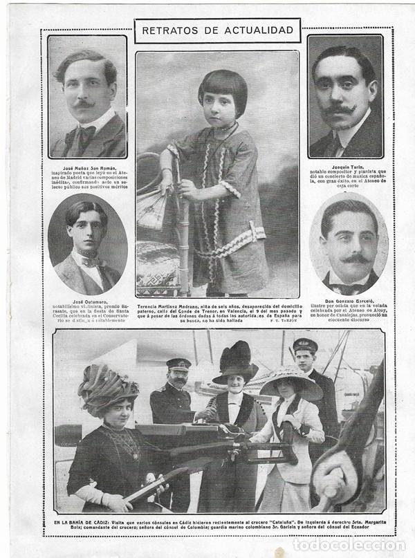 Coleccionismo de revistas y peri&oacute;dicos: 1912 HOJA REVISTA C&Aacute;DIZ VISITA DE C&Oacute;NSULES AL CRUCERO CATALU&Ntilde;A - ALCOY GONZALO BARCEL&Oacute; - VALENCIA
