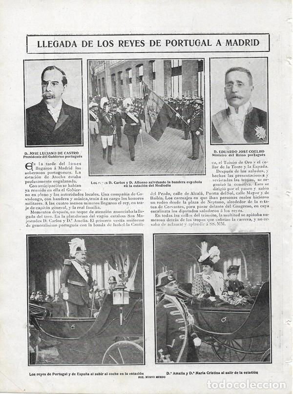 Collectionnisme de Revues et Journaux: 1906 HOJA REVISTA MADRID REYES DE PORTUGAL CARLOS I Y AMELIA ALFONSO XIII COCHE CABALLOS ESTACI&Oacute;N