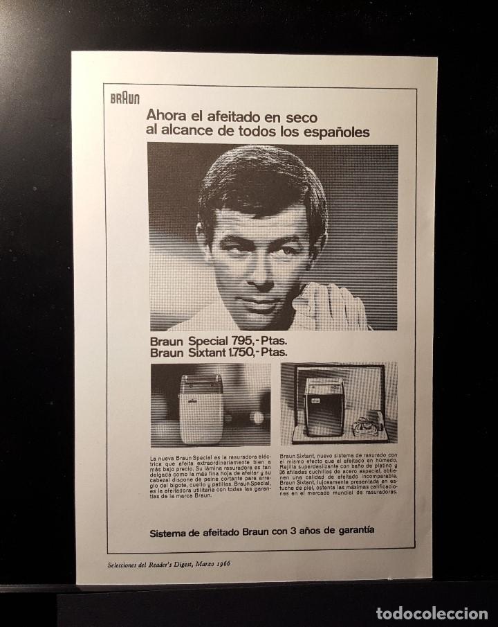 Coleccionismo de Revistas y Peri&oacute;dicos: Hoja Publicidad. Cara1: Afeitadora Braun. Cara 2 : Co&ntilde;ac Felipe II.(READERS DIGEST 1966)