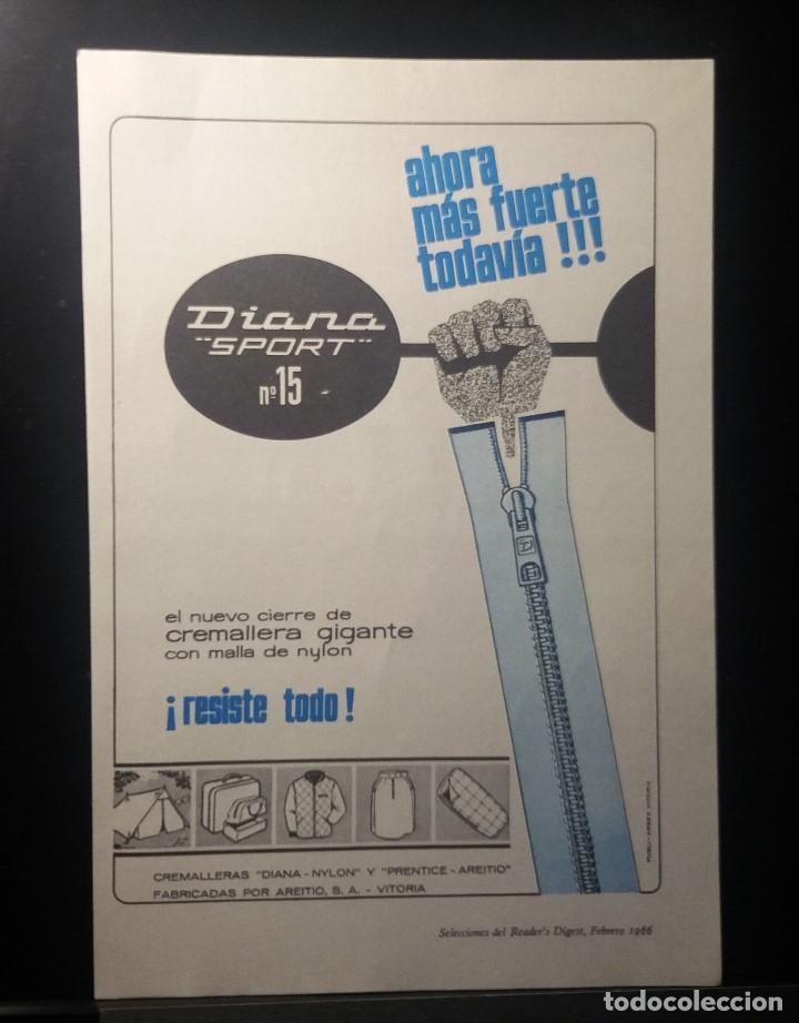Coleccionismo de Revistas y Peri&oacute;dicos: Hoja Publicidad. Cremalleras Diana. (READERS DIGEST 1966)