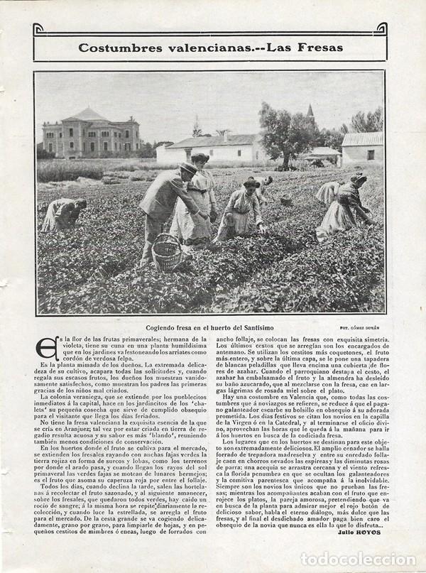 Sammeln von Zeitschriften und Zeitungen: 1906 HOJA REVISTA VALENCIA COSTUMBRES VALENCIANAS LAS FRESAS RECOGIDA HUERTA DEL SANT&Iacute;SIMO