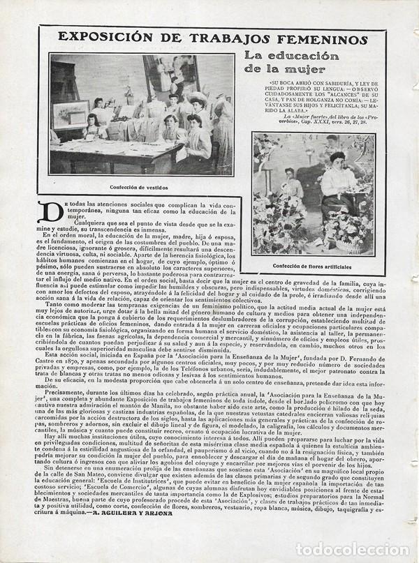 Coleccionismo de revistas y peri&oacute;dicos: 1906 HOJA REVISTA EDUCACI&Oacute;N DE LA MUJER EXPOSICI&Oacute;N TRABAJOS FEMENINOS CONFECCI&Oacute;N VESTIDOS Y FLORES