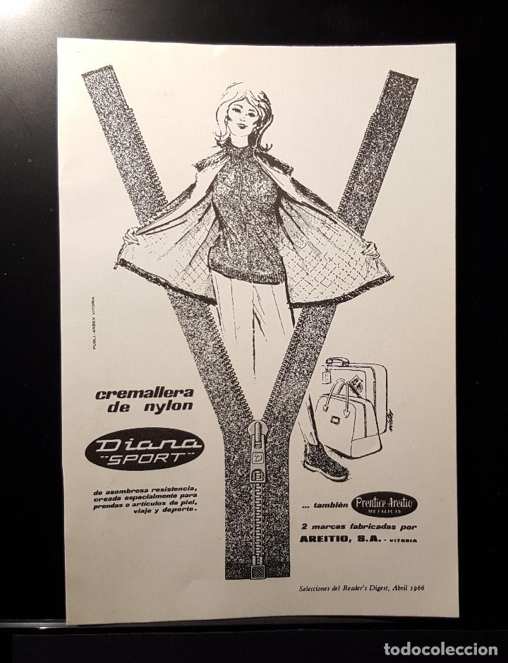 Coleccionismo de Revistas y Peri&oacute;dicos: Hoja Publicidad.Cremallera de nylon Diana Sport. READERS DIGEST 1966)