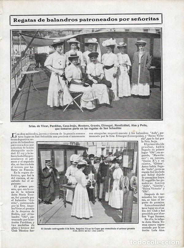 Coleccionismo de revistas y peri&oacute;dicos: 1906 HOJA REVISTA SAN SEBASTI&Aacute;N REGATAS BALANDROS PATRONEADOS POR SE&Ntilde;ORITAS AISA PE&Ntilde;A VIVAR EL&Oacute;SEGUI