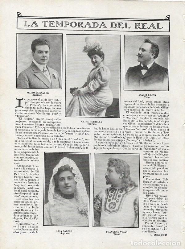 Coleccionismo de revistas y peri&oacute;dicos: 1906 HOJA REVISTA MADRID TEATRO REAL &Oacute;PERA MARIO SANMARCO GILION OLIVA PETRELLA FRANCISCO VI&Ntilde;AS