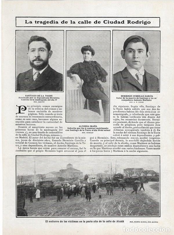 Collezionismo di Riviste e Giornali: 1908 HOJA REVISTA MADRID TRAGEDIA ASESINATO CALLE CIUDAD RODRIGO 5 ENTIERRO PARTE ALTA CALLE ALCAL&Aacute;