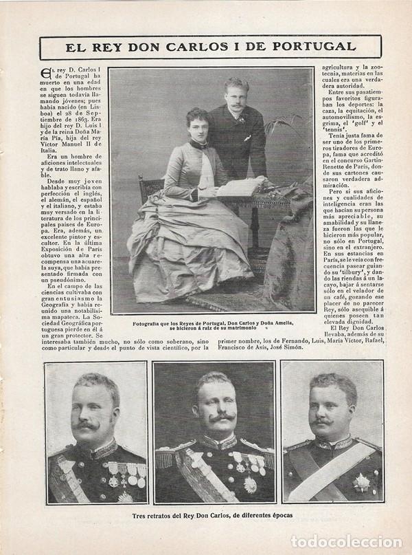 Collezionismo di Riviste e Giornali: 1908 HOJA REVISTA PORTUGAL ASESINATO REY CARLOS I RETRATOS REINA AMALIA DE ORLEANS