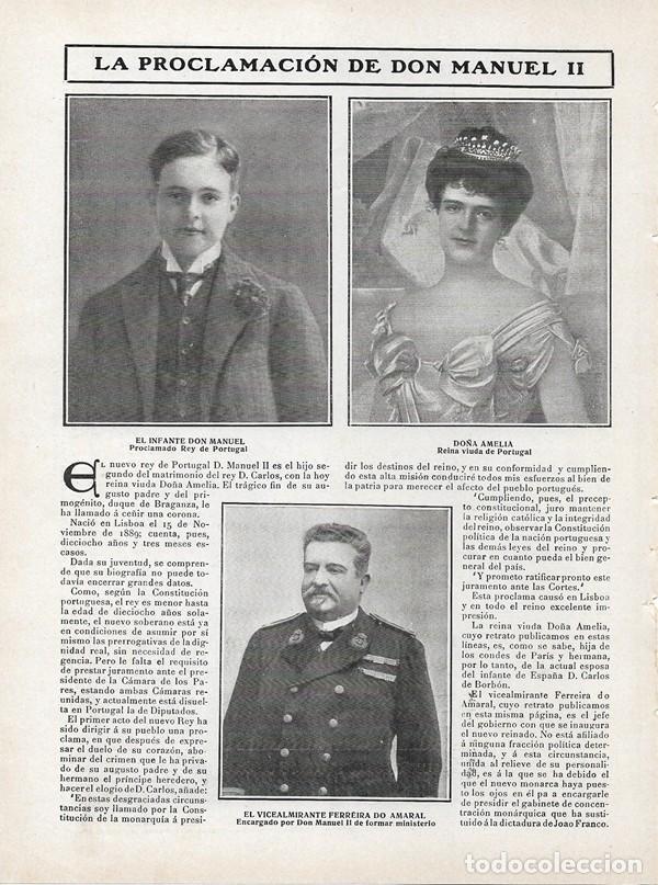 Collezionismo di Riviste e Giornali: 1908 HOJA REVISTA PORTUGAL PROCLAMACI&Oacute;N REY MANUEL II REINA AMELIA VICEALMIRANTE FERREIRA DO AMARAL