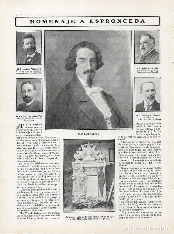 Collezionismo di Riviste e Giornali: 1908 HOJA REVISTA MADRID HOMENAJE JOS&Eacute; ESPRONCEDA L&Aacute;PIDA CASA NATAL LOS MADRAZO 19 CENTRO EXTREME&Ntilde;O