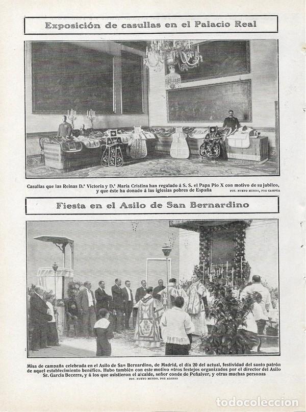 Collezionismo di Riviste e Giornali: 1908 HOJA REVISTA MADRID PALACIO REAL EXPOSICI&Oacute;N DE CASULLAS REGALO A PIO X - ASILO SAN BERNARDINO