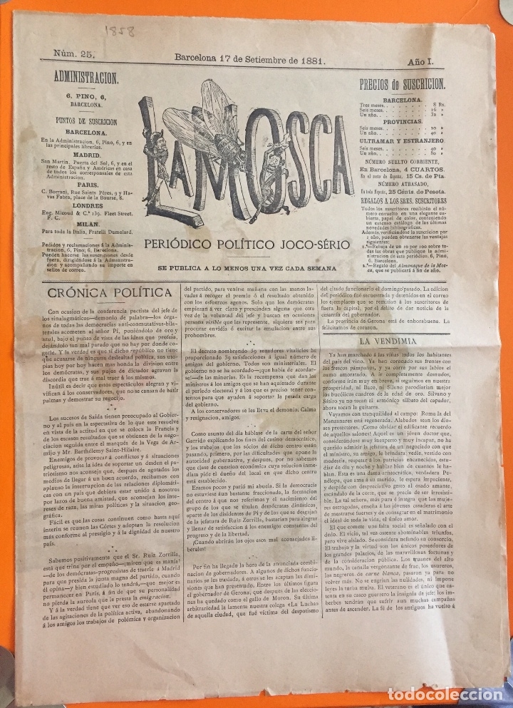Collection Magazines and Newspapers: LA MOSCA-  PERIODICO  JOCO SERIO-  A&Ntilde;O I  N&ordm; 25    17-9-1.881   BARCELONA-  LITOGRAFIA COLOR