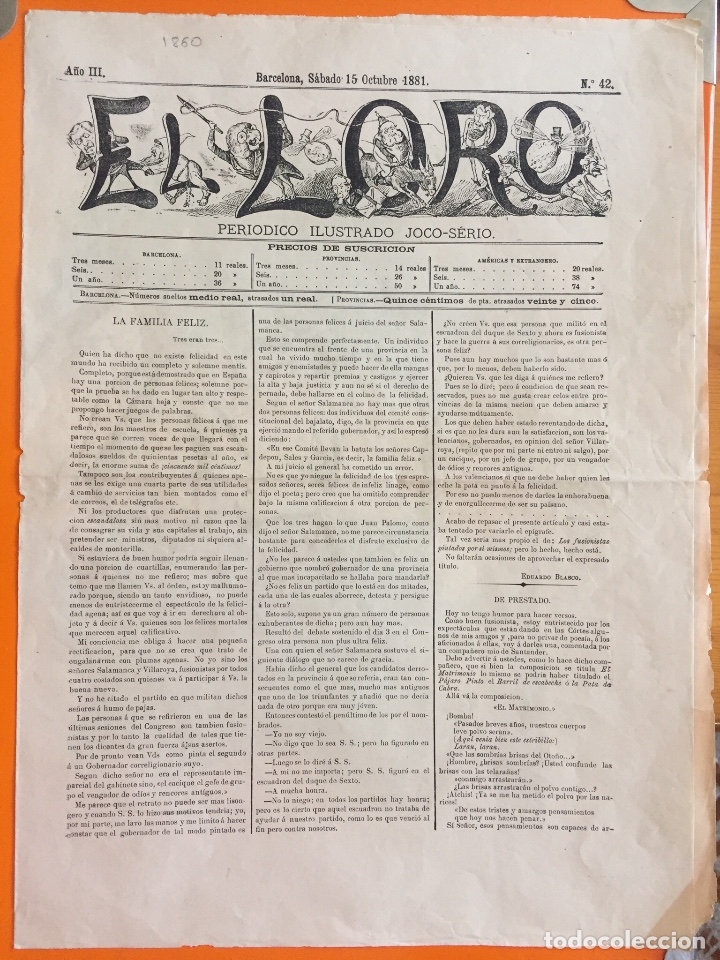 Collection Magazines and Newspapers: EL LORO- PERIODICO ILUSTRADO JOCO SERIO-  A&Ntilde;O III-  N&ordm; 42-   15-10-1.881 BARCELONA- LITOGRAFIA COLOR
