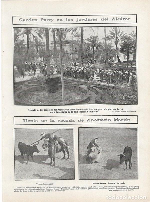 Collezionismo di Riviste e Giornali: 1908 HOJA REVISTA SEVILLA JARDINES DEL ALCAZAR FIESTA REYES TIENTA VACADA ANASTASIO MART&Iacute;N QUINTILLO