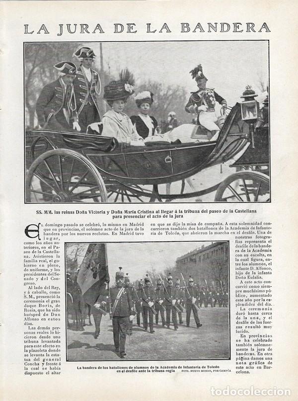 Coleccionismo de Revistas y Peri&oacute;dicos: 1908 HOJA REVISTA MADRID PASEO DE CASTELLANA JURA BANDERA ALUMNOS ACADEMIA INFANTER&Iacute;A TOLEDO REINAS