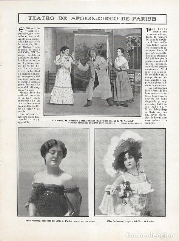 Collectionnisme de Revues et Journaux: 1908 HOJA REVISTA MADRID TEATRO APOLO ZARZUELA MU&Ntilde;OZ SECA EL NARANJAL CIRCO PARISH ACR&Oacute;BATA ECUYERE