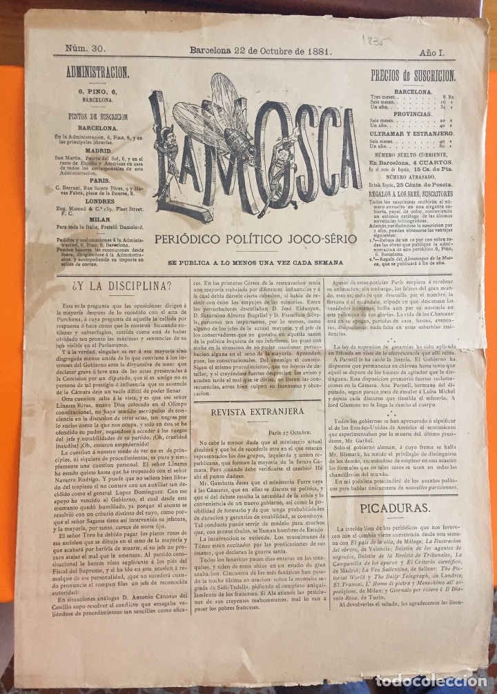 Sammeln von Zeitschriften und Zeitungen: LA MOSCA- PERIODICO JOCO SERIO- A&Ntilde;O I N&ordm; 30 22-10 -1.881- BARCELONA- LITOGRAFIA COLOR