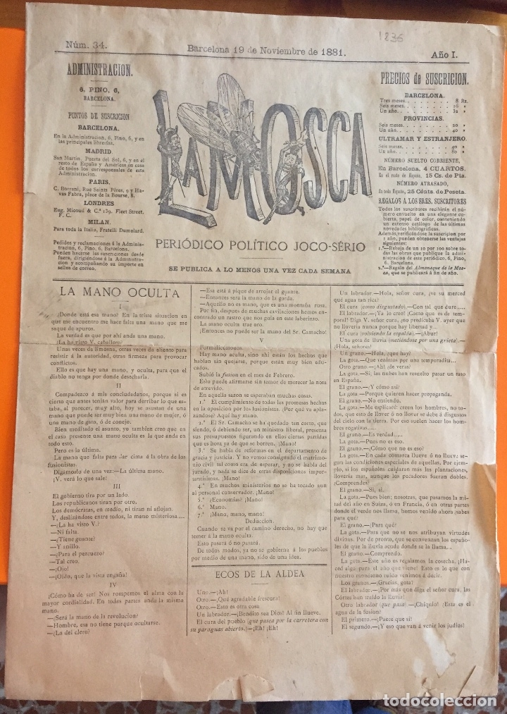 Sammeln von Zeitschriften und Zeitungen: LA MOSCA-  PERIODICO  JOCO SERIO-  A&Ntilde;O I  N&ordm; 34    19-11 -1.881   BARCELONA-  LITOGRAFIA COLOR