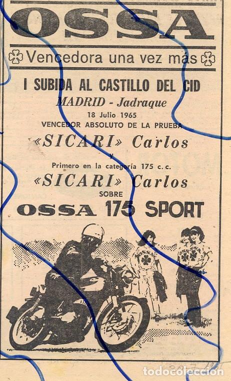 Coleccionismo de Revistas y Peri&oacute;dicos: OSSA  1965 MOTOCICLETAS  SUBIDA CASTILLO DEL CID  RETAL HOJA REVISTA