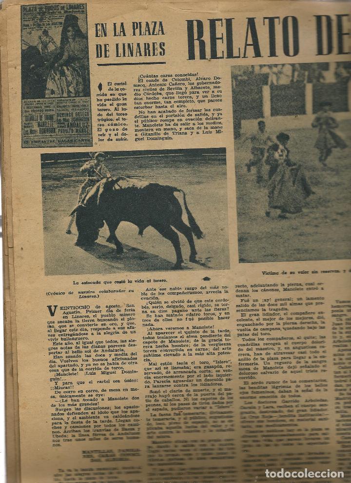 Coleccionismo de revistas y peri&oacute;dicos: MUERTE DE MANOLETE. PARTE DE LA REVISTA DONDE QUEDA RECOGIDO EL SUCESO. VER FOTOS (ST/RV)