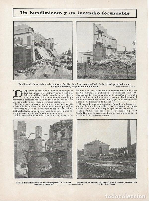 Collectionnisme de Revues et Journaux: 1908 HOJA REVISTA SEVILLA HUNDIMIENTO F&Aacute;BRICA TEJIDOS CALLE ARROYO - SEGOVIA COCA INCENDIO F&Aacute;BRICA