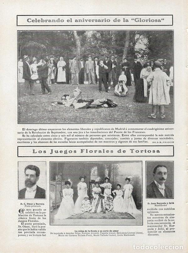 Collectionnisme de Revues et Journaux: 1908 HOJA REVISTA MADRID PUENTE DE LOS FRANCESES ANIVERSARIO LA GLORIOSA - TORTOSA JUEGOS FLORALES