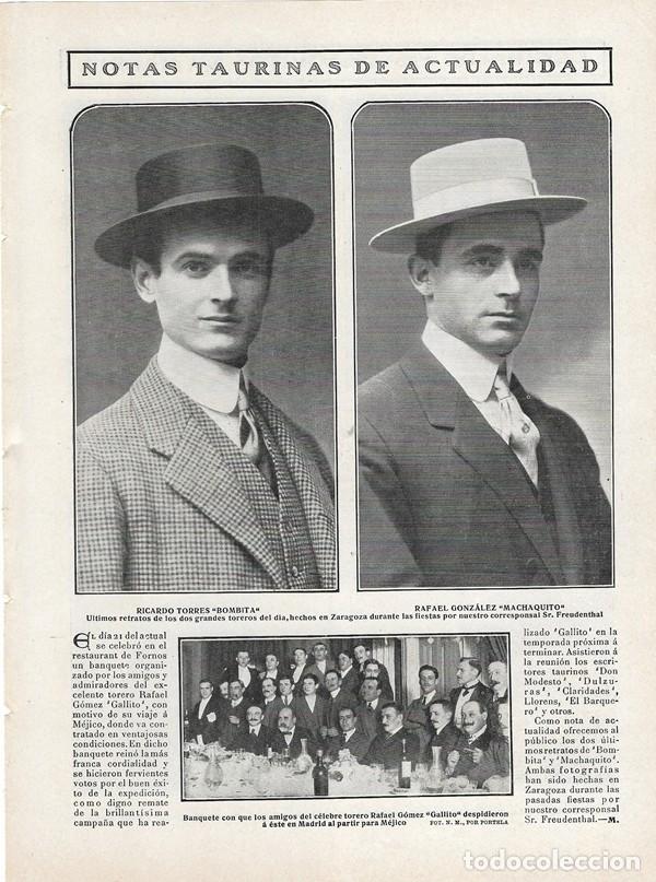 Collectionnisme de Revues et Journaux: 1908 HOJA REVISTA ZARAGOZA RETRATOS TOREROS RICARDO TORRES BOMBITA RAFAEL GONZ&Aacute;LEZ MACHAQUITO