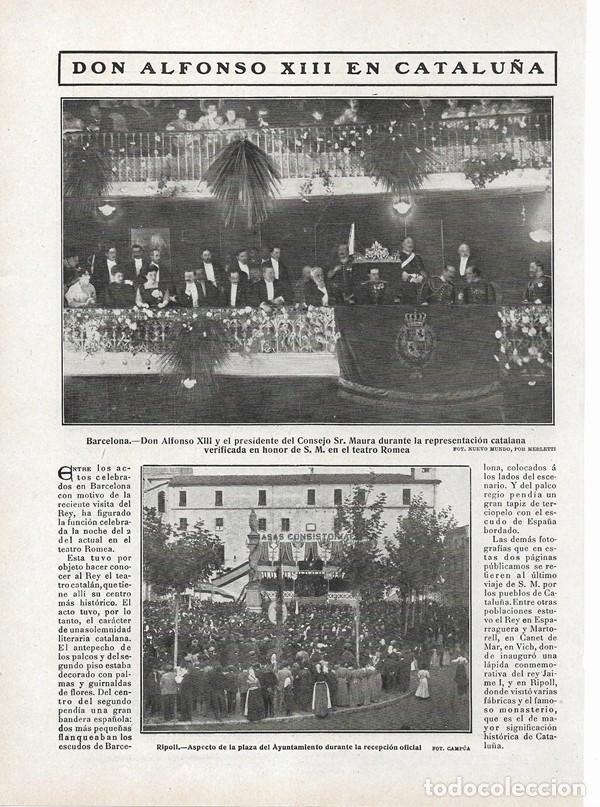 Sammeln von Zeitschriften und Zeitungen: 1908 HOJA REVISTA REY ALFONSO XIII Y MAURA EN CATALU&Ntilde;A BARCELONA TEATRO ROMEA RIPOLL AYUNTAMIENTO