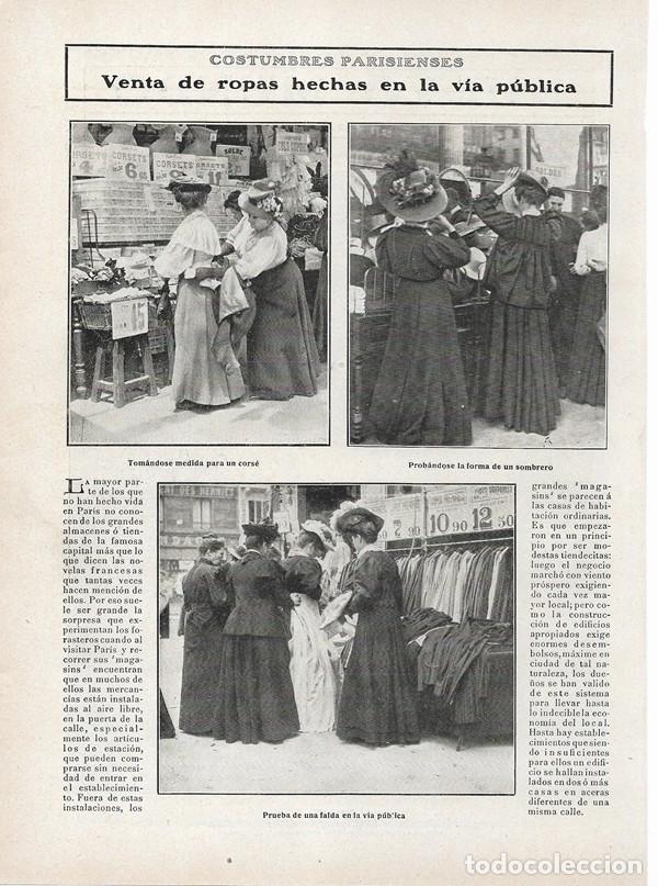 Collectionnisme de Revues et Journaux: 1908 HOJA REVISTA FRANCIA PAR&Iacute;S COSTUMBRES PARISIENSES VENTA DE ROPAS HECHAS EN LA V&Iacute;A P&Uacute;BLICA