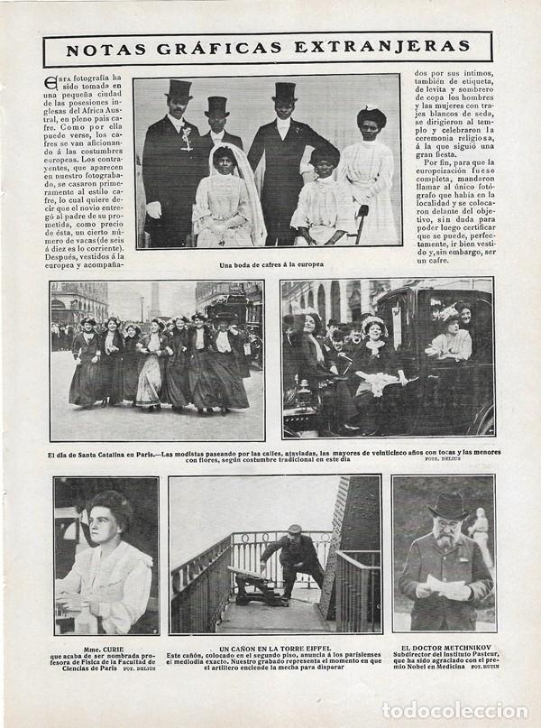 Collectionnisme de Revues et Journaux: 1908 HOJA REVISTA BODA DE CAFRES &Aacute;FRICA AUSTRAL - PAR&Iacute;S CA&Ntilde;&Oacute;N TORRE EIFFEL MODISTAS MADAME CURIE