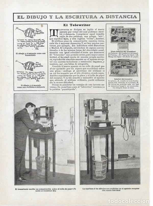 Collectionnisme de Revues et Journaux: 1908 HOJA REVISTA DIBUJO Y ESCRITURA A DISTANCIA EL TELEWRITTER PANTEL&Eacute;GRAFO ANTIGUO FAX