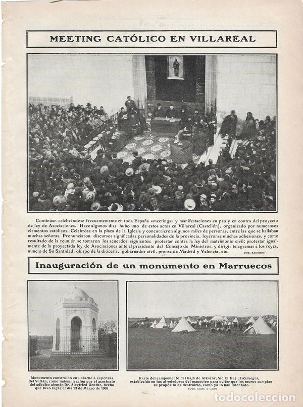 Collectionnisme de Revues et Journaux: 1907 HOJA REVISTA CASTELL&Oacute;N VILLAREAL MITIN CAT&Oacute;LICO - MARRUECOS LARACHE INAUGURACI&Oacute;N MONUMENTO