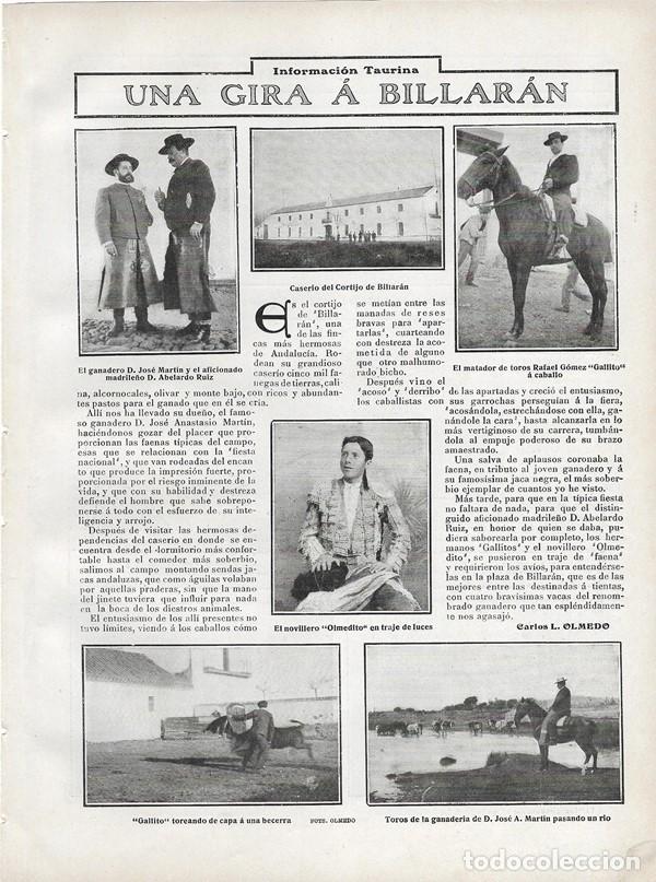 Collectionnisme de Revues et Journaux: 1907 HOJA REVISTA SEVILLA TOROS GANADER&Iacute;A JOS&Eacute; ANASTASIO MART&Iacute;N CORTIJO DE BILLAR&Aacute;N VILLAR&Aacute;N GALLITO